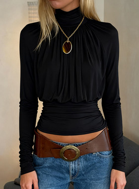 ROCKMORE【极简主义】设计感褶皱高领收腰内搭上衣 黑色修身T恤女