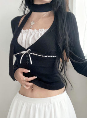 ROCKMORE【法式少女】撞色V领胸型蝴蝶结黑色上衣围巾假两件T恤潮