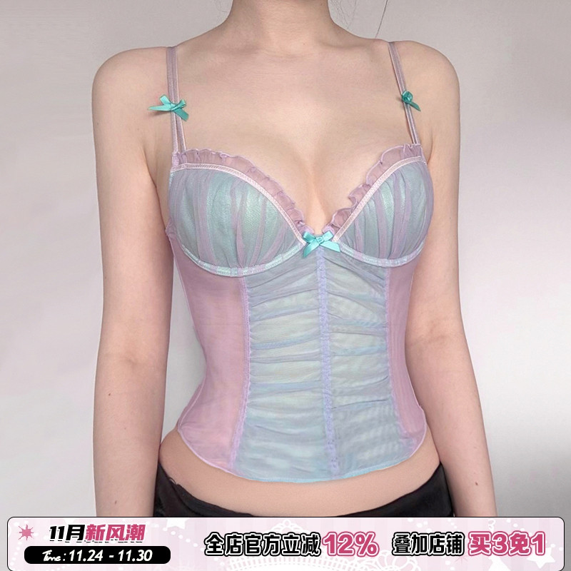 渐变蓝蕾丝拼接蝴蝶结减龄背心