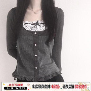 T恤法式 小波点拼接假两件长袖 设计花边上衣 日系甜妹 ROCKMORE