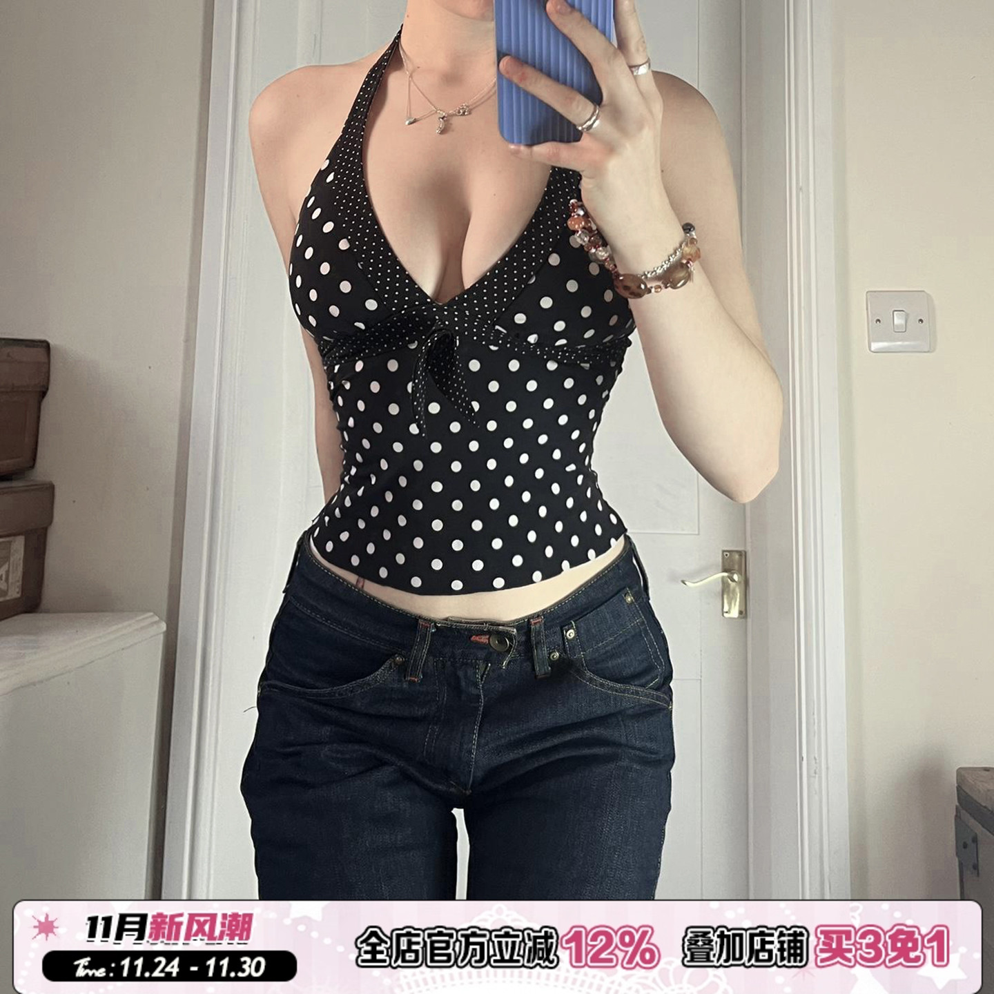 辣妹波点元素系带蝴蝶结背心