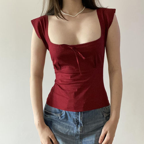 复古红色蝴蝶结系带方领短T恤女