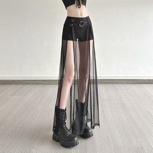 暗黑辣妹皮裤 金属扣不规则网纱开叉拼接短裤 机能美式 ROCKMORE