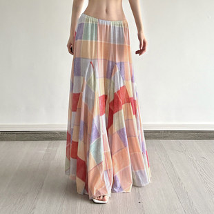 ROCKMORE 小清新彩色格子印花飘逸半裙艺术范中长裙 梦幻少女风