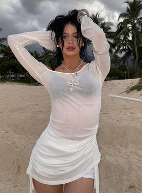 ROCKMORE【纯欲温柔】白色透视感轻薄防晒T恤 海边度假比基尼罩衫