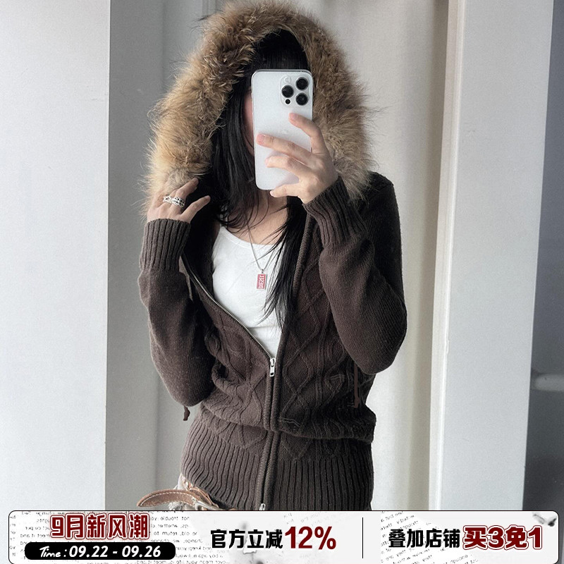 ROCKMORE【基础百搭】棕色毛领连帽麻花长袖外套修身拉链针织毛衫