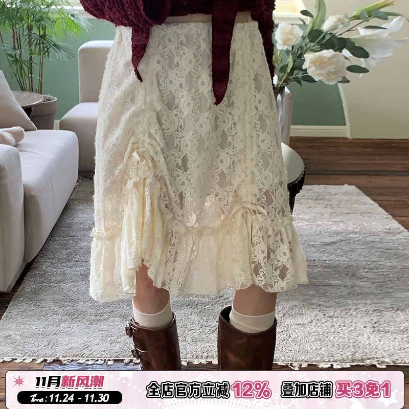 梦幻法式复古蕾丝抽绳半身裙