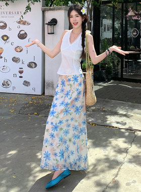 ROCKMORE【南法假日】浅蓝色小清新印花减龄半身裙 夏日度假A字裙