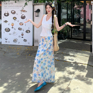 夏日度假A字裙 浅蓝色小清新印花减龄半身裙 ROCKMORE 南法假日
