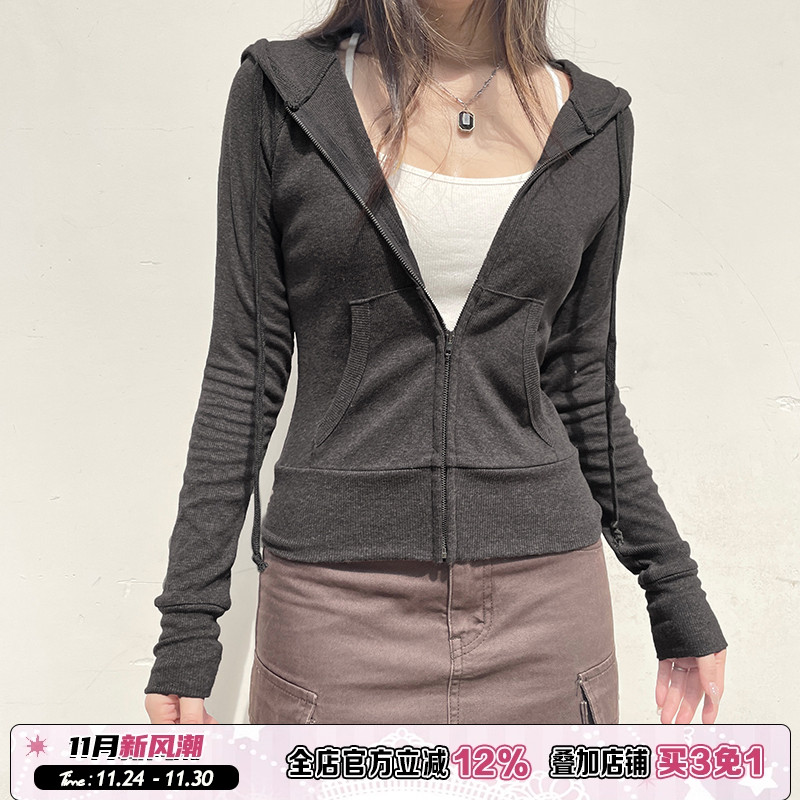 格蕾灰系拉链款连帽卫衣开衫