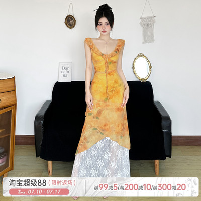 黄色小花蕾丝拼接荷叶领连衣裙夏