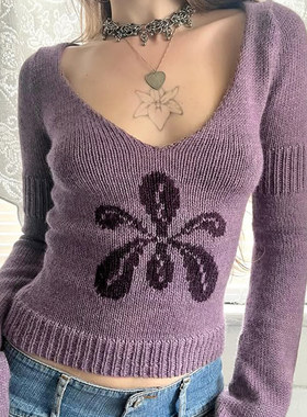ROCKMORE【古早辣妹】紫色v领花朵修身毛衣vintage复古长袖针织衫