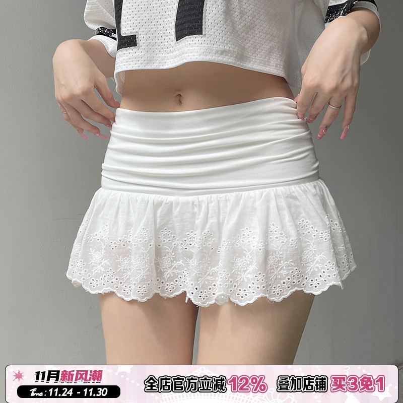 法式纯欲钩花镂空设计拼接超短裙