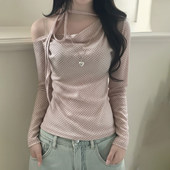 ROCKMORE T恤粉色清纯气质上衣 波点露肩系带长袖 甜美少女 法式