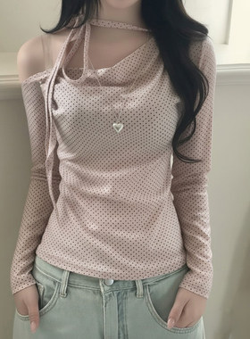 ROCKMORE【甜美少女】法式波点露肩系带长袖T恤粉色清纯气质上衣