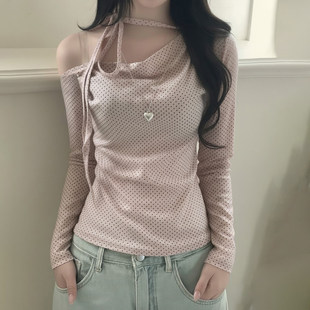 波点露肩系带长袖 法式 T恤粉色清纯气质上衣 甜美少女 ROCKMORE