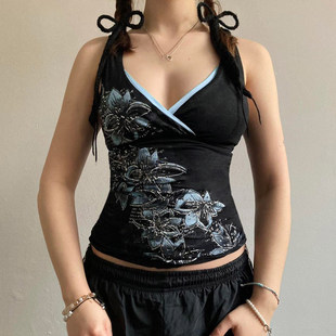 古着感吊带夏 亚比复古花卉印花V领低胸背心 ROCKMORE 暗夜幽灵