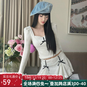 ROCKMORE【纯欲芭蕾】法式少女套装 蝴蝶结拼接花边T恤 +气质半裙