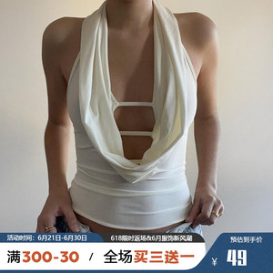 ROCKMORE【罗马艺术】欧美辣妹镂空荡领性感背心 深V纯色特色上衣