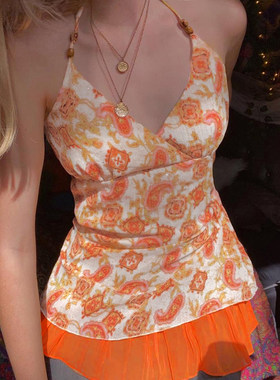 ROCKMORE【中古辣妹】橙色V领腰果花木珠吊带不规则网纱度假背心