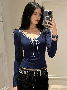 ROCKMORE【高级少女感】蓝色蕾丝拼接下单蝴蝶结T恤女 长袖打底衫