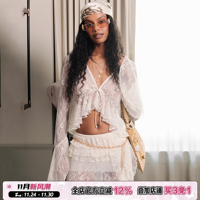 V领系带开襟透视感防晒蕾丝衫