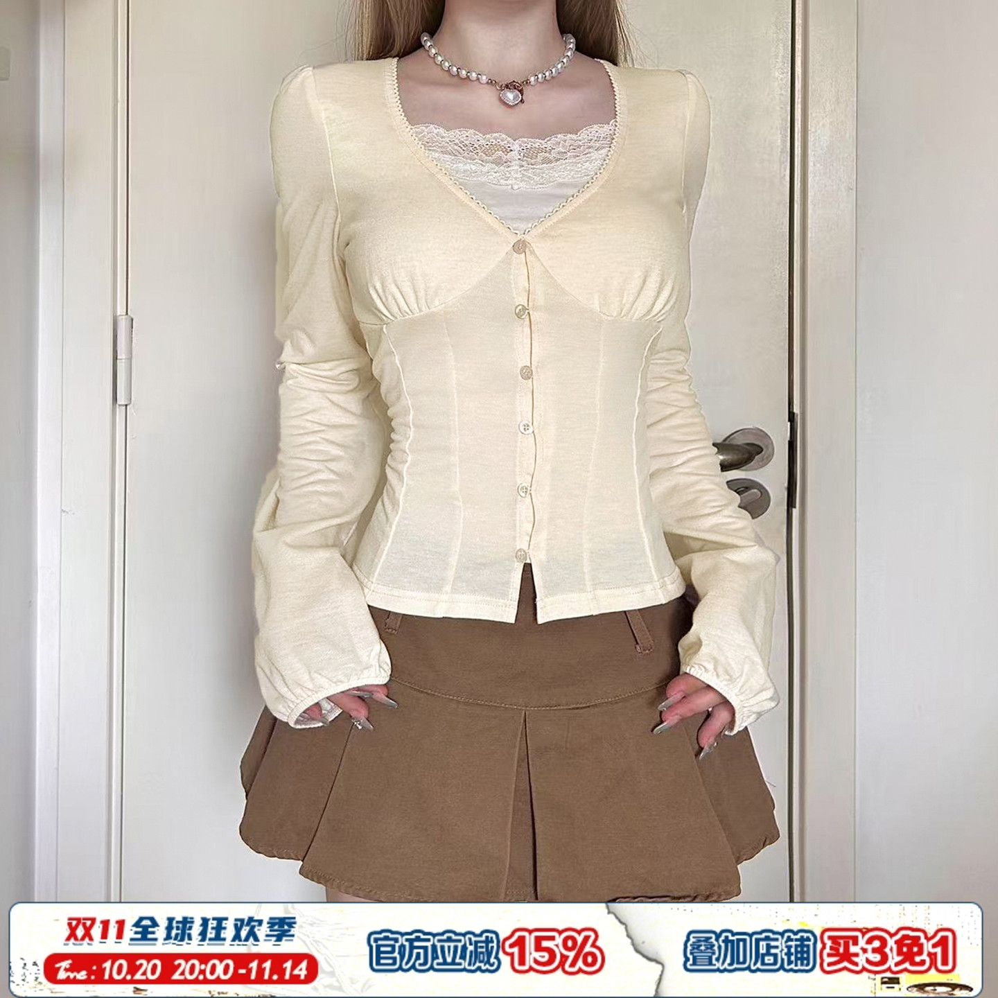 小众特色蕾丝拼接假两件衬衫