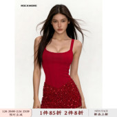 ROCKMORE 泰兰德红色亮片拼接吊带连衣裙辣妹派对性感收腰包臀裙