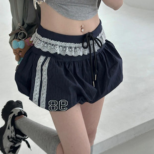 深蓝色蕾丝拼接花苞短裙少女系带休闲短裤 运动风 美式 ROCKMORE