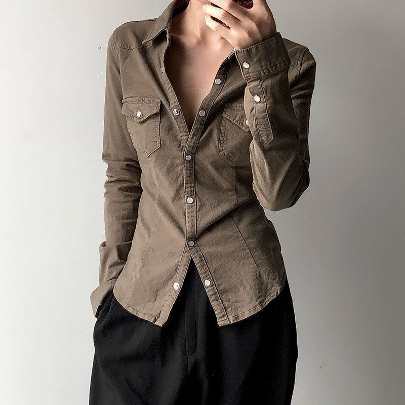 ROCKMORE【美式复古】棕色系缩褶单排扣翻领衬衫口袋元素修身上衣,女装/女士精品,衬衫,淘宝优惠券,粉丝福利购,淘宝优惠卷