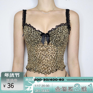 ROCKMORE【狂野豹纹】辣妹蝴蝶结蕾丝拼接网纱元素吊带性感上衣美