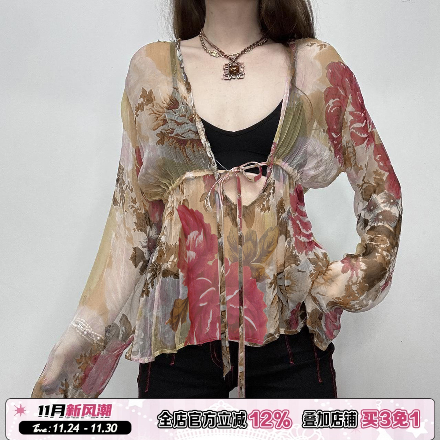 ROCKMORE【中古气质】vintage花卉印花轻薄雪纺衫性感V领系带罩衫