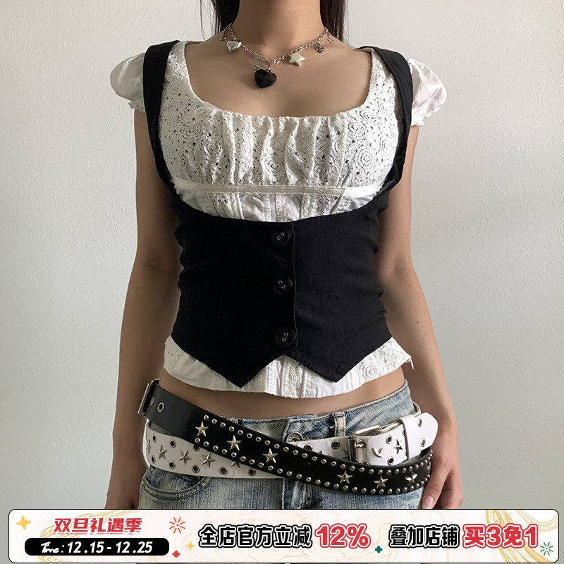 复古90s英伦风黑色排扣马甲女