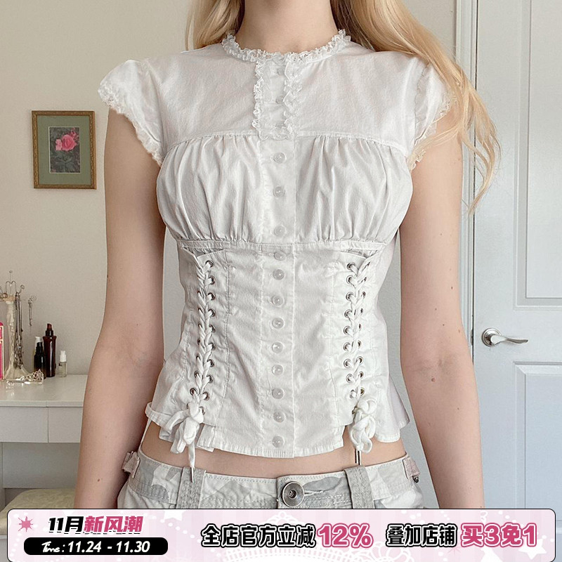 宫廷风排扣设计绑带上衣