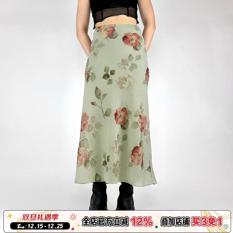 植系印花绿色网纱半裙复古