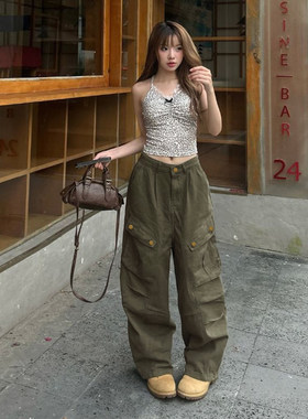 ROCKMORE【高街复古】绿色多口袋拼接低腰显瘦工装裤宽松百搭长裤