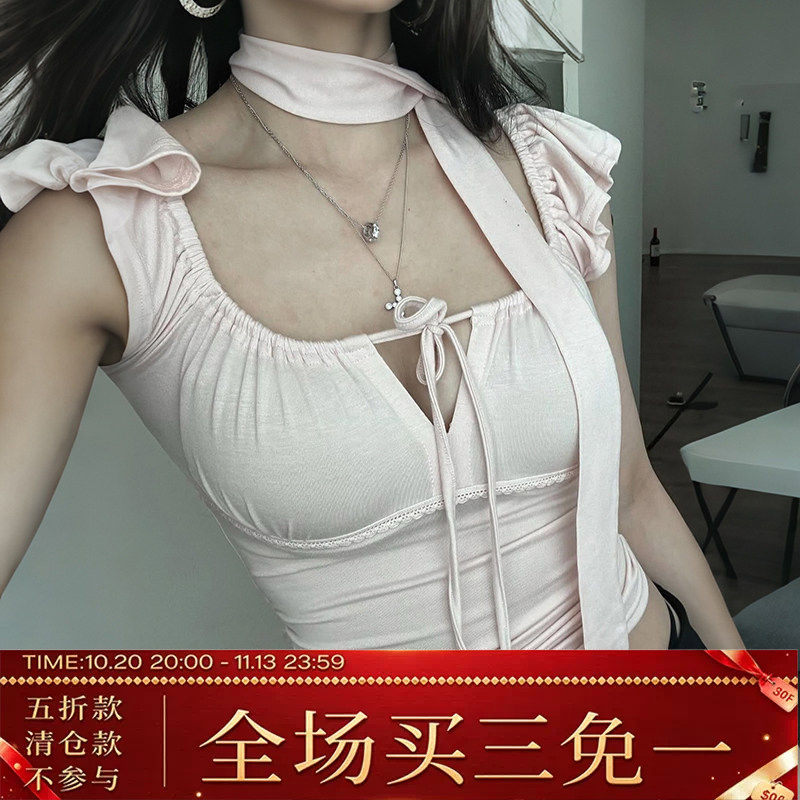 ROCKMORE【甜辣少女】浅粉色方领飘带小飞袖T恤女 绑带显胸上衣潮