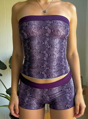 ROCKMORE【时尚辣妹】紫色动物纹印花居家休闲套装性感抹胸+短裤