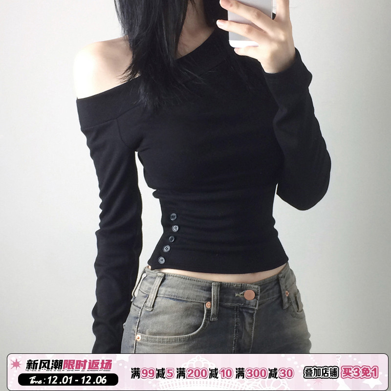 ROCKMORE【韩系气质】斜肩扣子收腰黑色长袖T恤性感露肩显瘦上衣