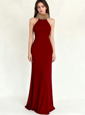 ROCKMORE【优雅时髦】红色无袖毛毛拼接挂脖连衣裙性感气质包臀裙