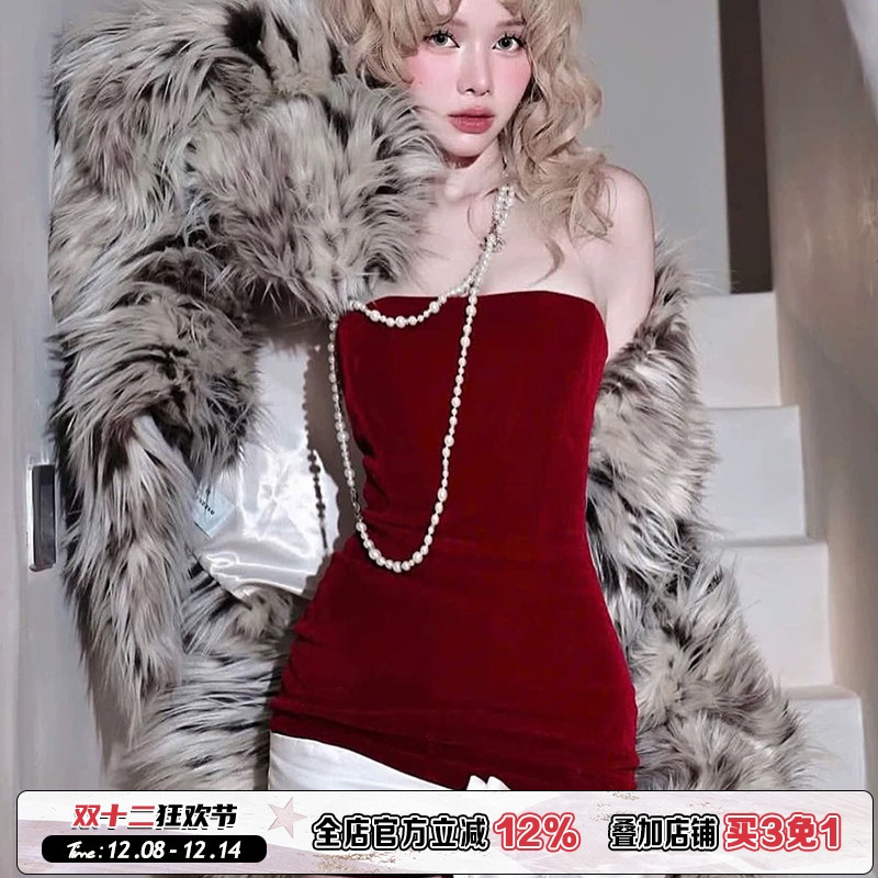 圣诞款红色抹胸连衣裙女