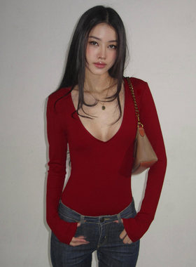 ROCKMORE【性感美式】红色深V领低胸辣妹长袖连体衣 内搭修身上衣