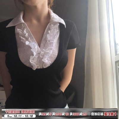 木耳边衬衫领假两件上衣黑色