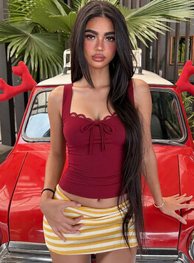 ROCKMORE【街头辣妹】红色系带蝴蝶结蕾丝拼接背心女方领内搭吊带