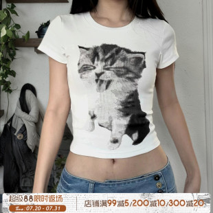 T恤女夏 ROCKMORE 印花圆领短袖 淘气猫咪 露脐性感辣妹上衣 个性
