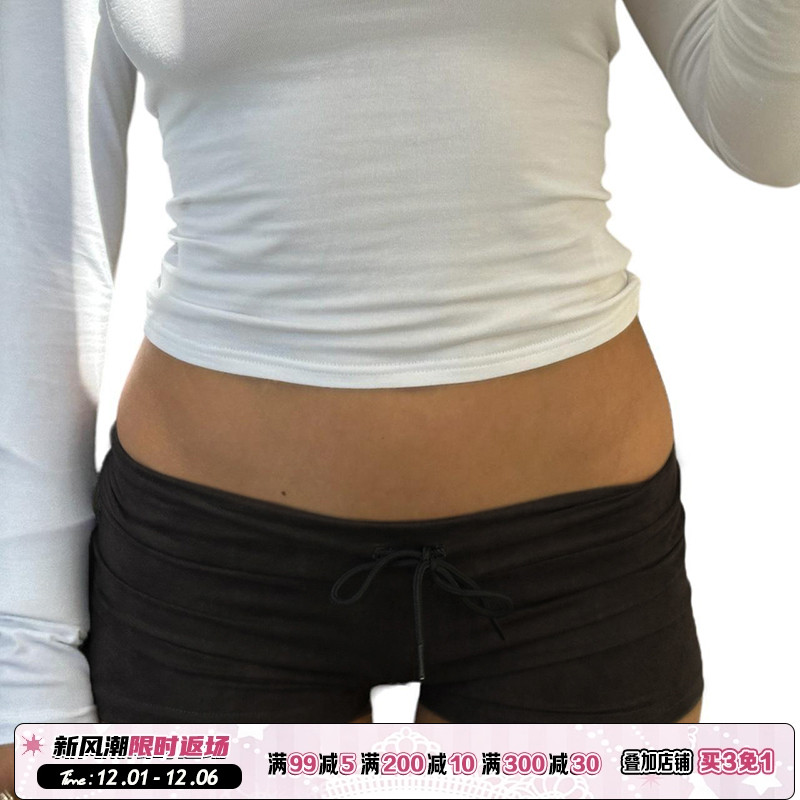 系带松紧腰黑色紧身休闲裤