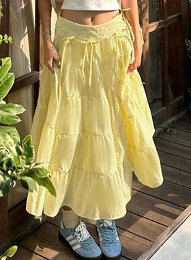 ROCKMORE【多巴胺少女】蝴蝶结腰头设计黄色半身裙 气质A字中长裙