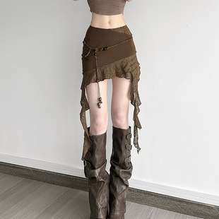 ROCKMORE 棕色串珠挂绳不规则半裙度假飘带包臀短裙 废土波嬉风