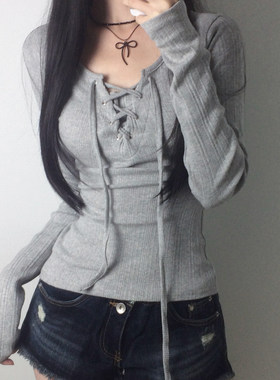 ROCKMORE【小众韩系】灰色鸡眼穿绳系带胸型长袖T恤 休闲百搭上衣