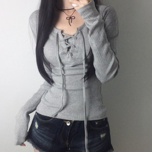 T恤 灰色鸡眼穿绳系带胸型长袖 休闲百搭上衣 小众韩系 ROCKMORE